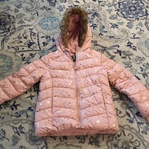 Girls pink with rose gold stars puffer jacket sz14